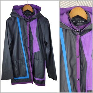 Vintage Raincoat Lady Jacket Pockets Retro Art To Wear Small Colorblock Hooded